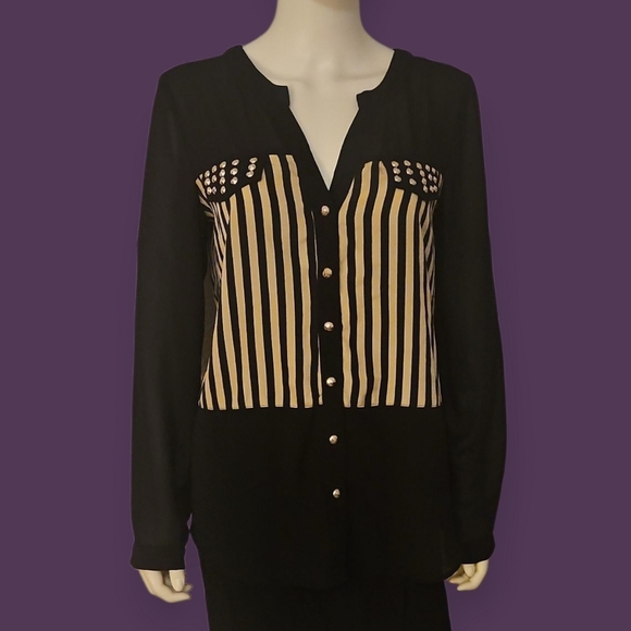 Vtg UNO CORE 1990s Black and Tan Striped Studded Chiffon Button Down Blouse - Picture 1 of 7